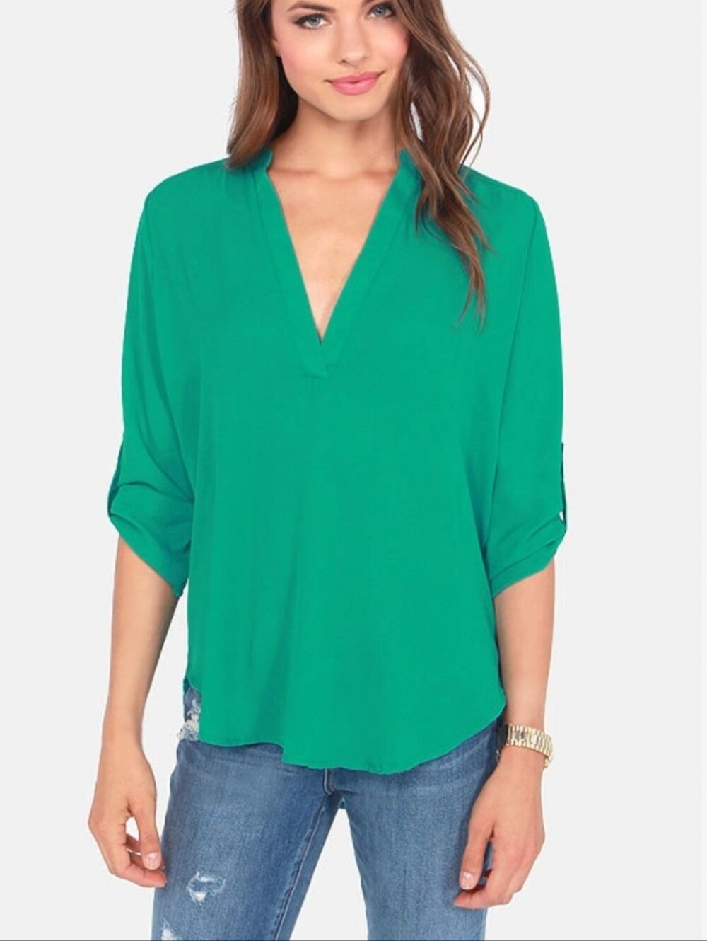 Vince Camuto Flowy Green V-neck Blouse, 3/4 Balloon Sleeves, M